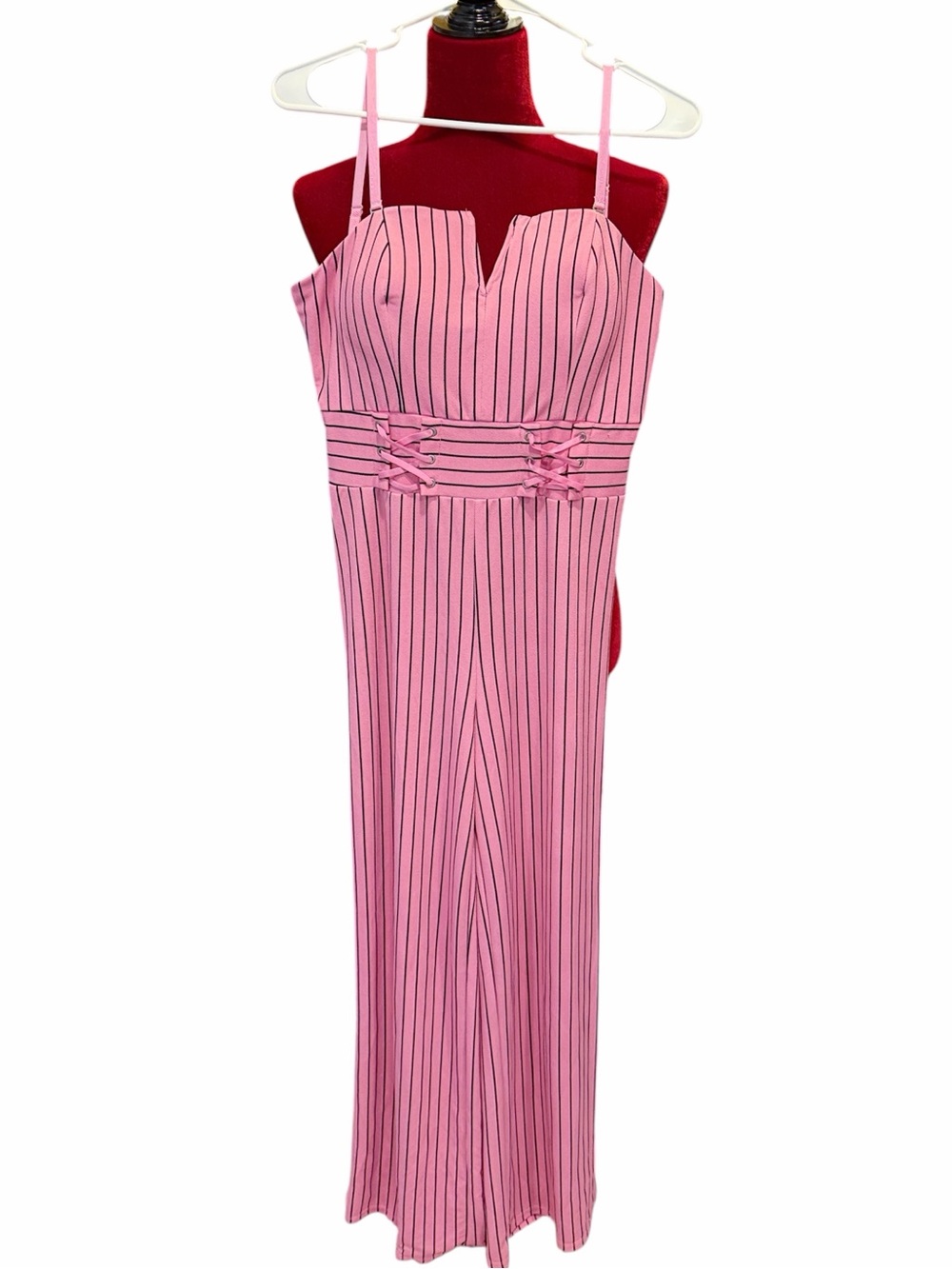 #735. Pink pinstripe jumpsuit. Large
